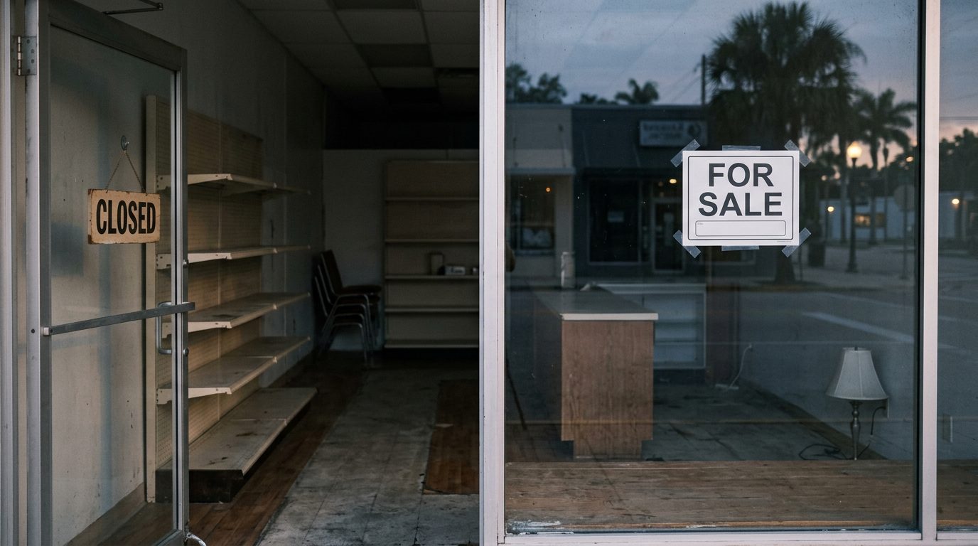 A closed small business storefront after hours, with empty shelves and a "for sale" notice on the window.