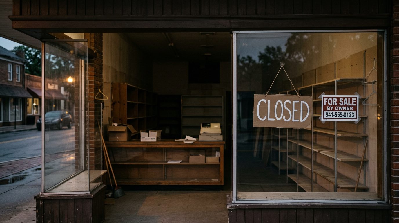 A closed small business storefront after hours, with empty shelves and a "for sale" notice in the window.