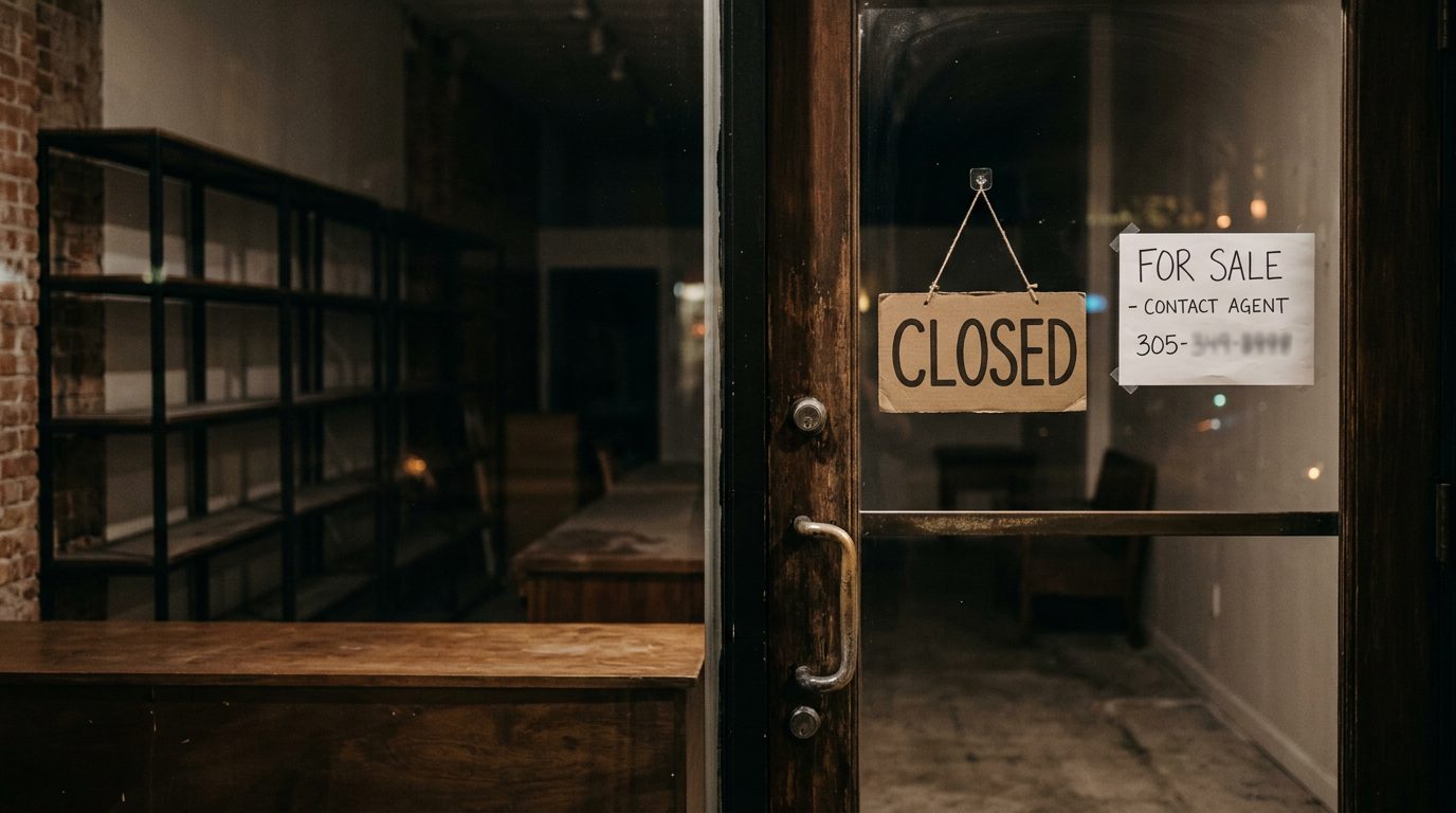 A closed storefront with empty shelves and a "for sale" notice in the window, seen from inside after hours.