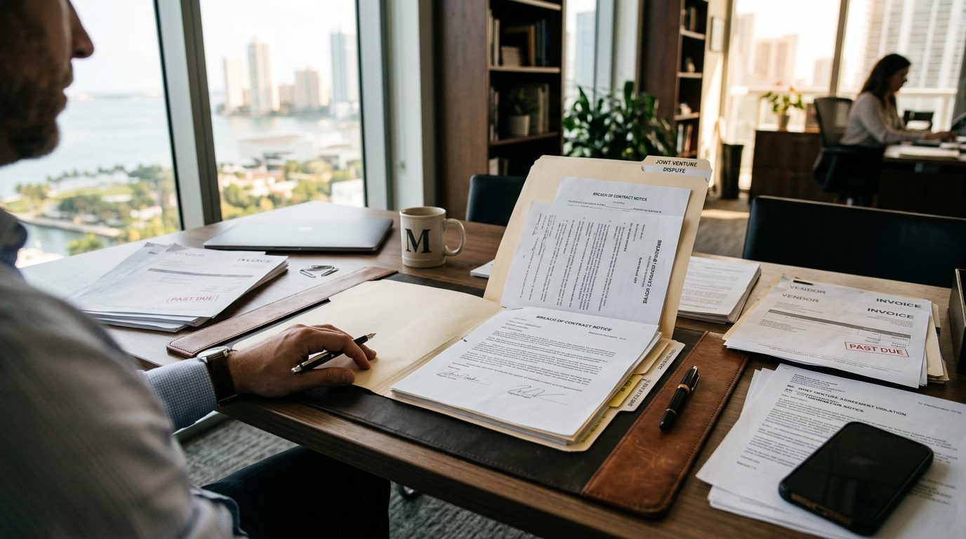 Escritorio cubierto de facturas, avisos de incumplimiento contractual y correspondencia junto a un expediente de disputa legal abierto.