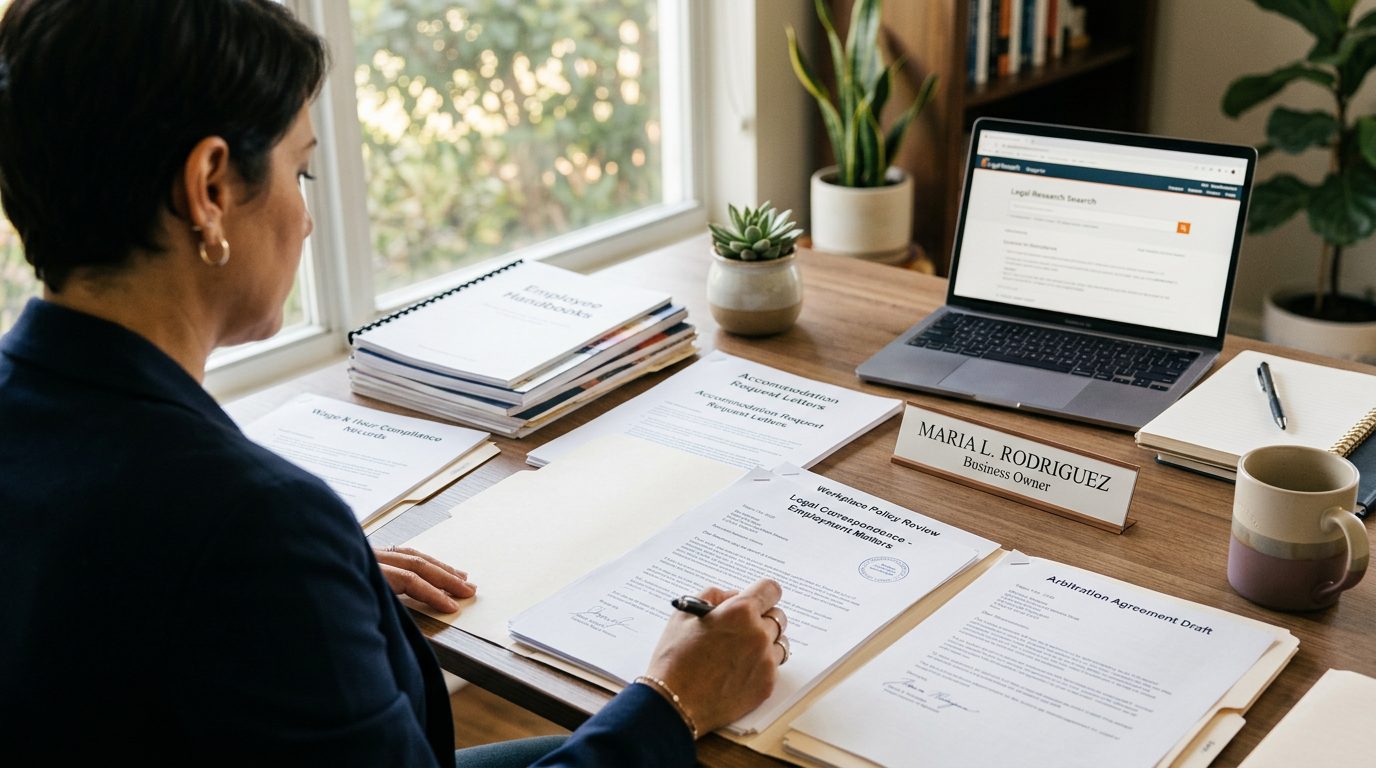 A desk covered with employee handbooks, wage and hour records, accommodation request letters, and legal correspondence.
