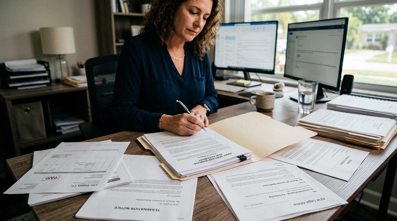 A desk covered with vendor invoices, breach of contract notices, and correspondence beside an open legal dispute file.