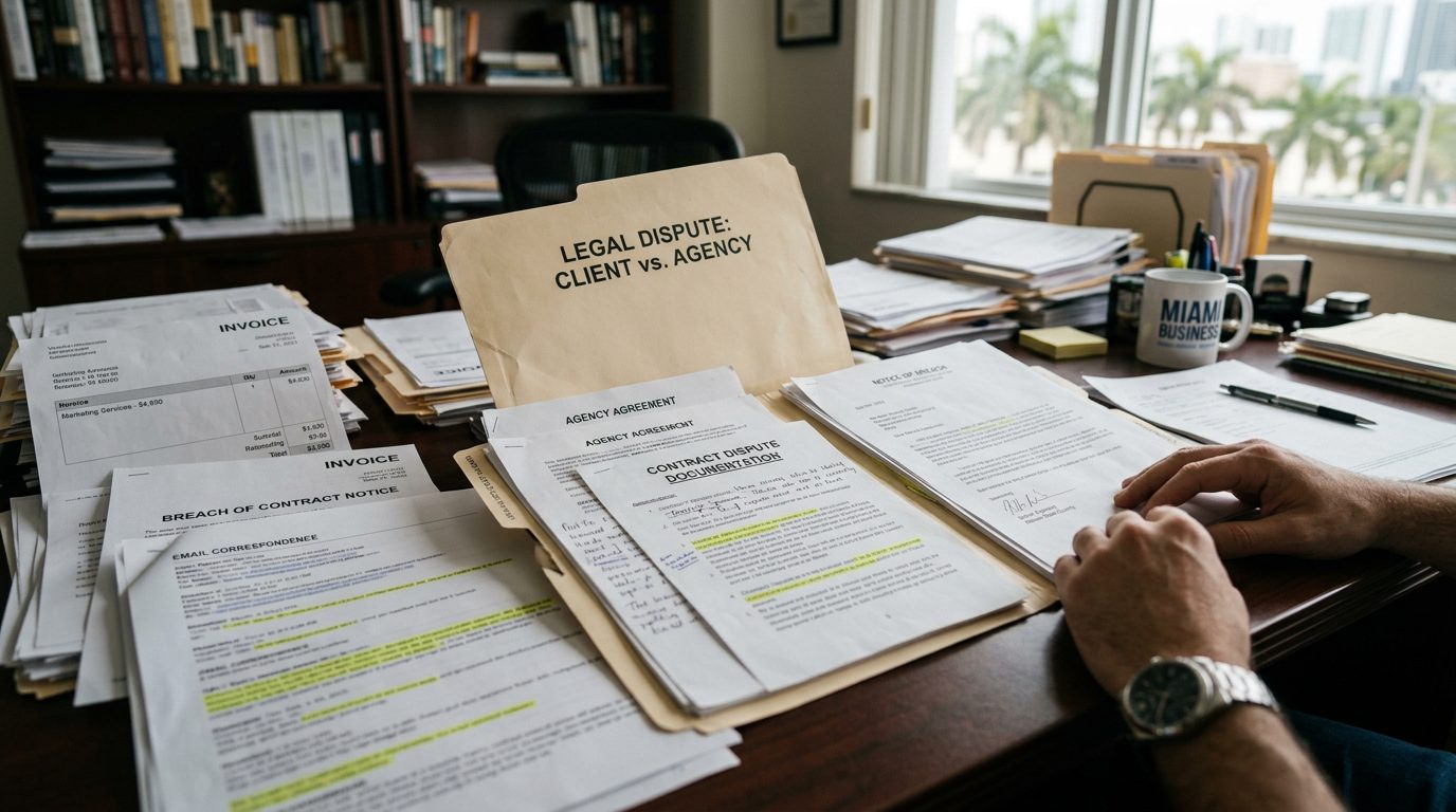 Escritorio con facturas de proveedores, notificaciones de incumplimiento de contrato y una carpeta legal abierta con documentos de disputa.