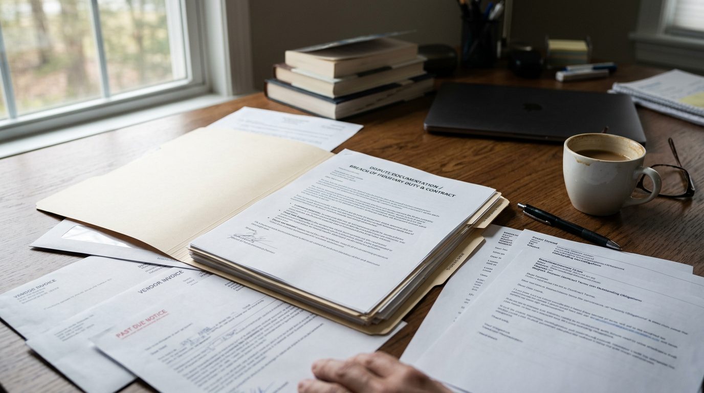 Escritorio de oficina con facturas, avisos contractuales y correspondencia apilados junto a una carpeta de disputa legal abierta.