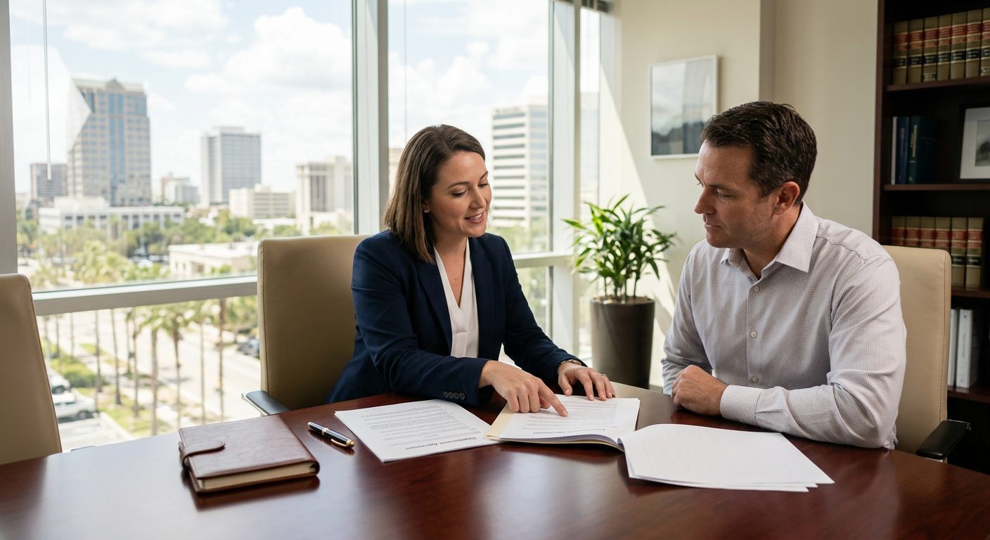 Escritorio con un contrato de trabajo firmado, un bolígrafo y unas gafas en una oficina jurídica de Florida.