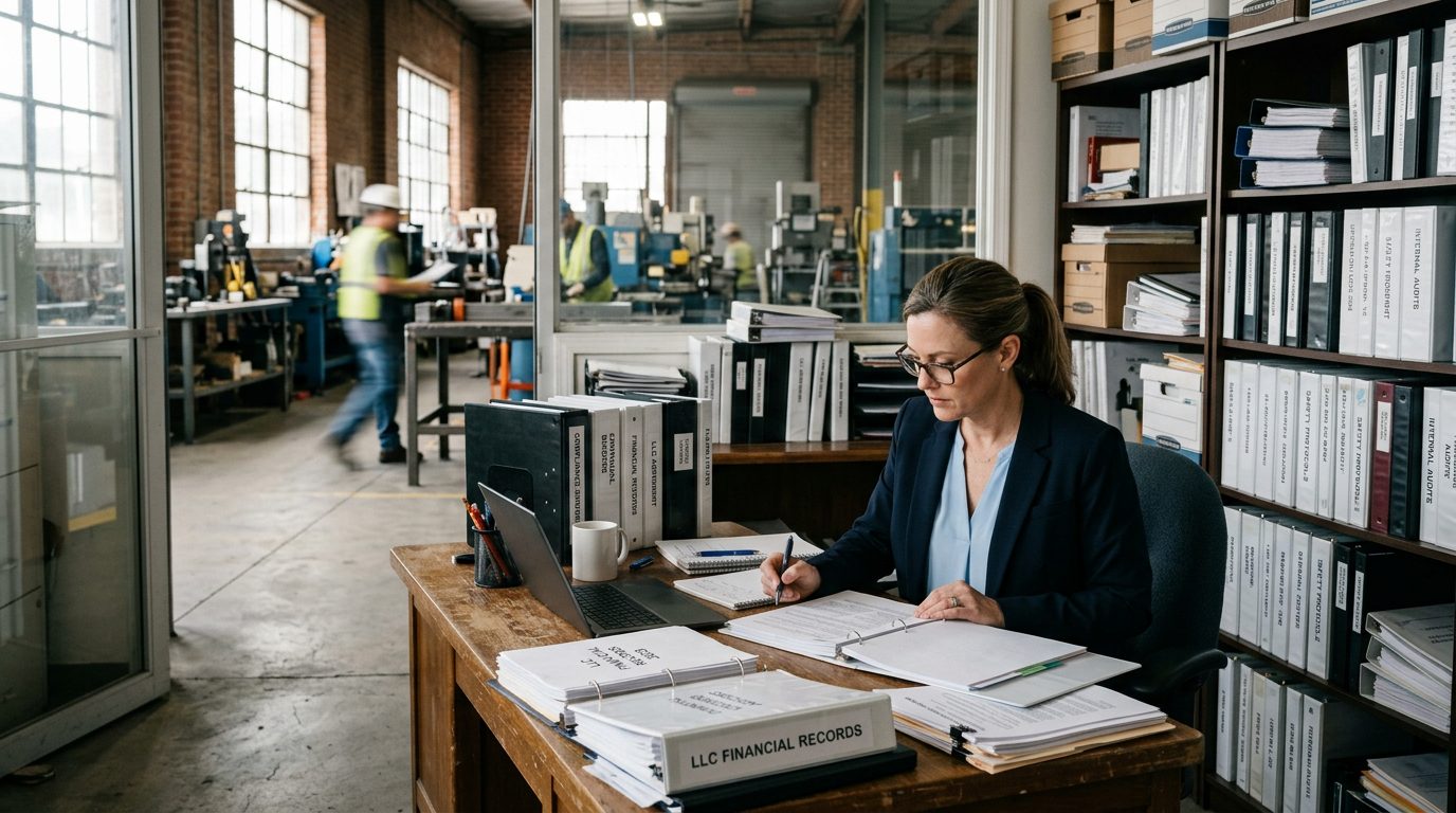 A general counsel reviews compliance documents at a desk surrounded by records and policy binders inside a small manufacturing facility.