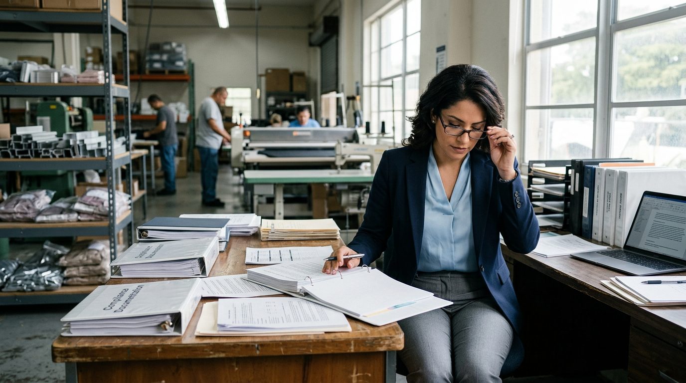 A general counsel reviews compliance documents at a desk surrounded by policy binders inside a small manufacturing facility.
