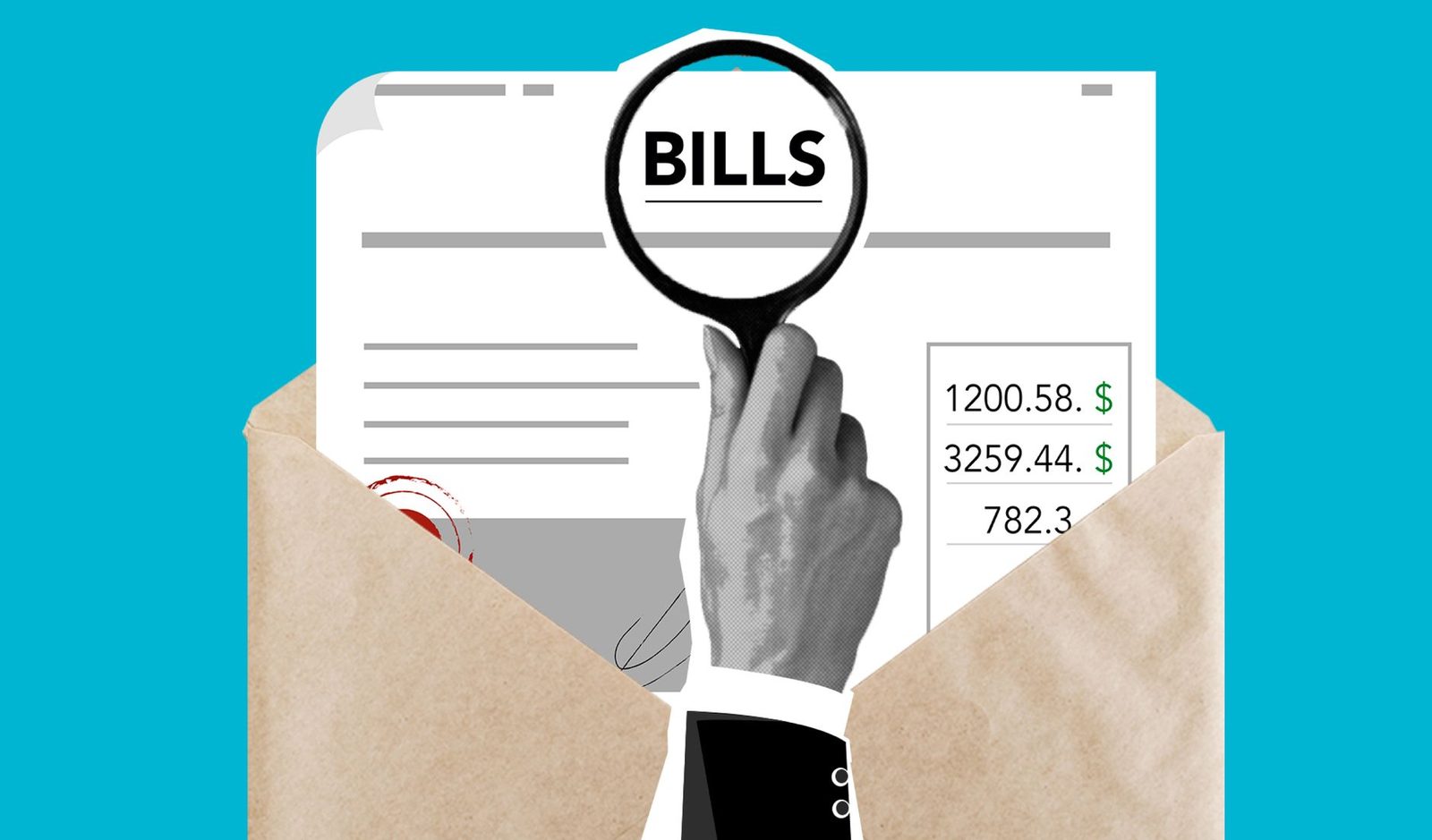A paper cutout of a man holding a magnifying glass over tax and payment papers on a blue background.