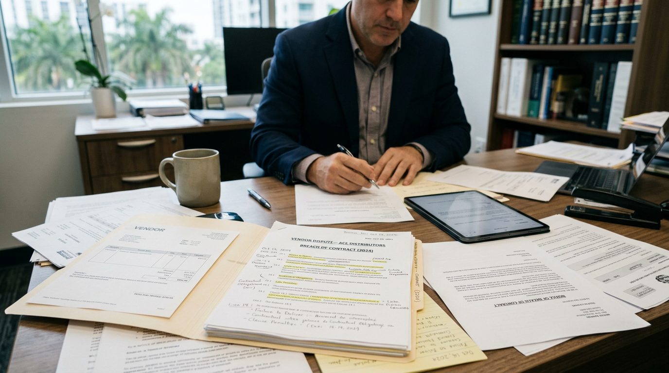A small business owner's desk covered in vendor invoices, breach-of-contract notices, and an open legal file folder.