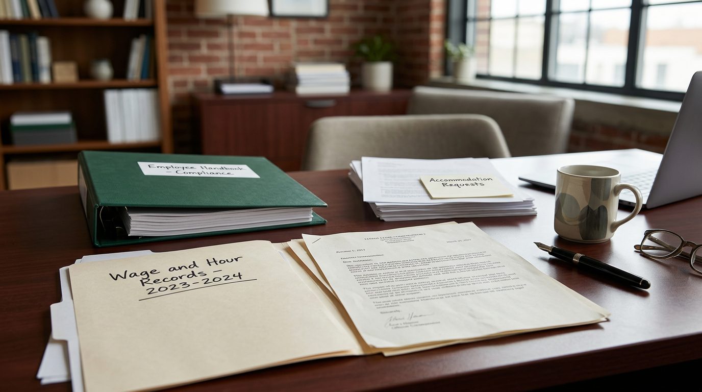A small business owner's desk covered with employee handbooks, wage records, and open legal letters about workplace policy.