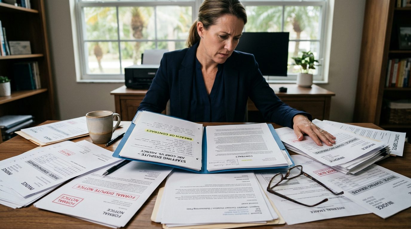 A small business owner's desk covered with vendor invoices, breach of contract notices, and an open legal file folder.