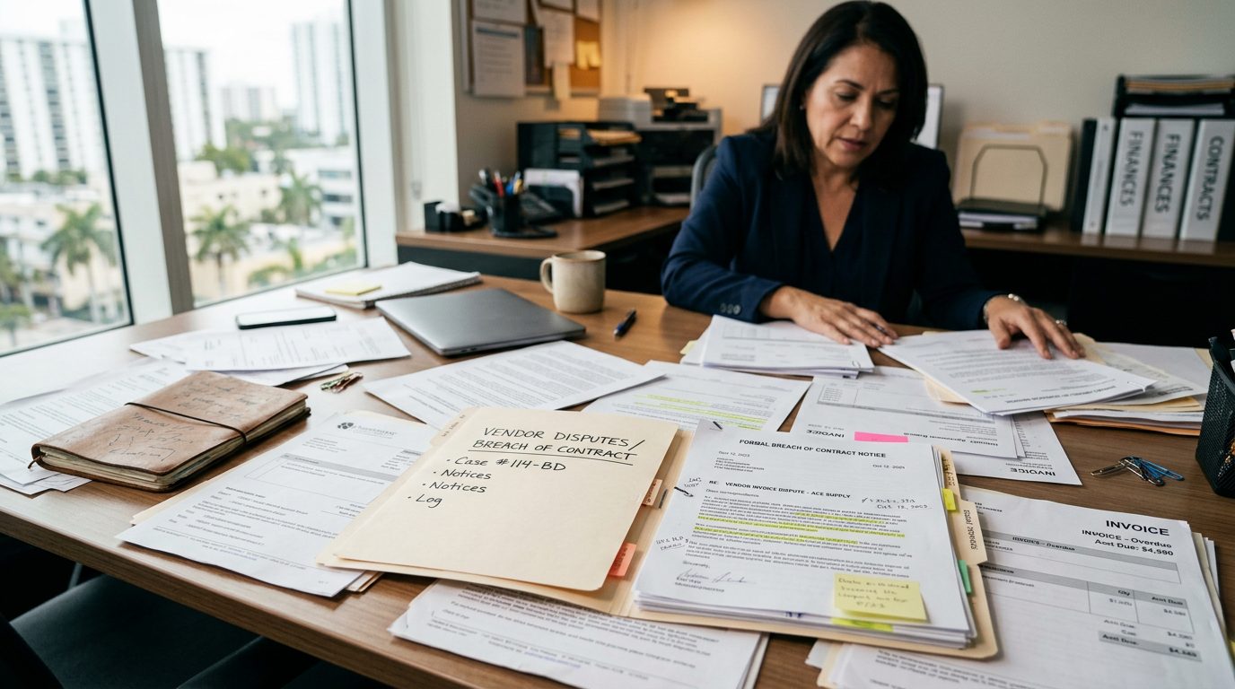 A small business owner's desk covered with vendor invoices, breach of contract notices, and an open legal dispute folder.