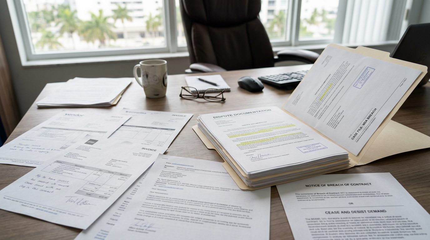 A small business owner's desk covered with vendor invoices, contract breach notices, and an open legal file folder.