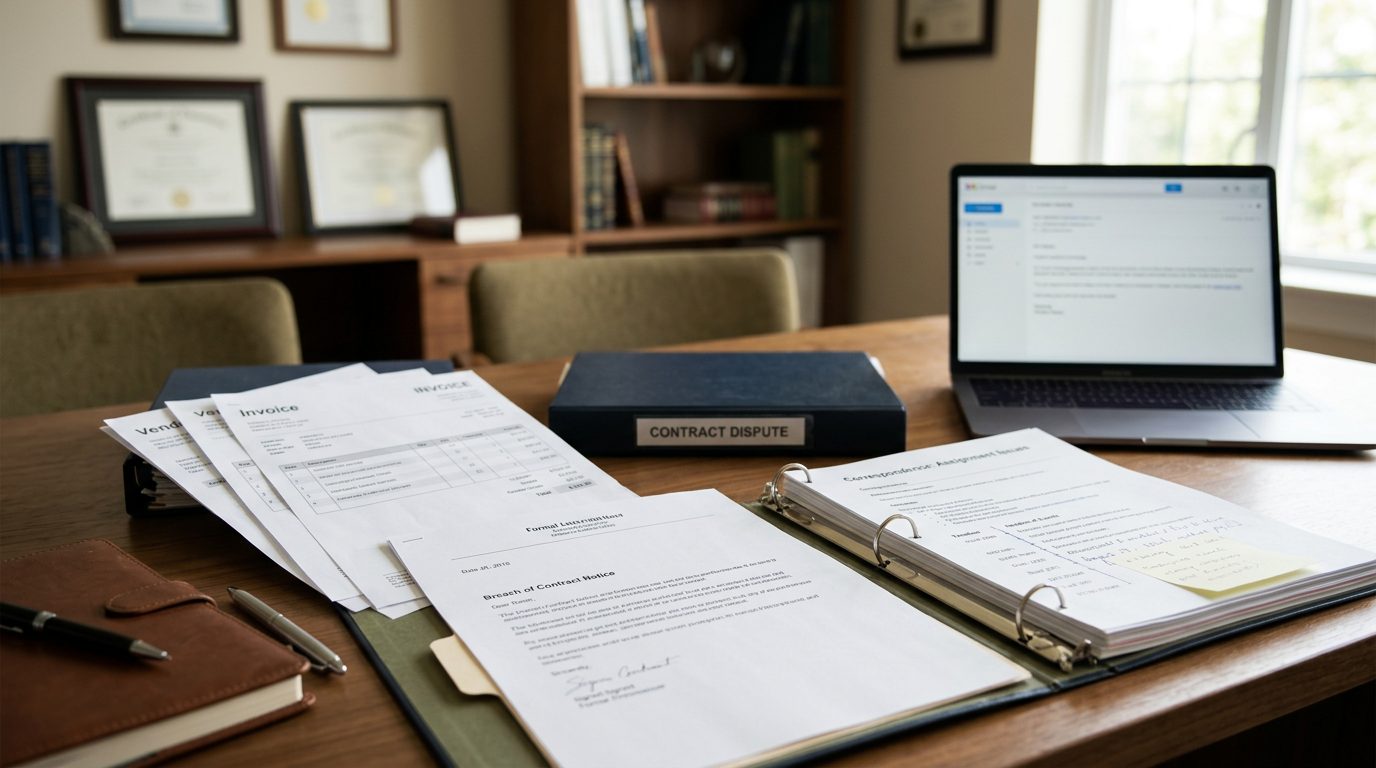 Escritorio de un pequeño empresario con facturas de proveedores, avisos de incumplimiento de contrato y una carpeta legal abierta con documentos de