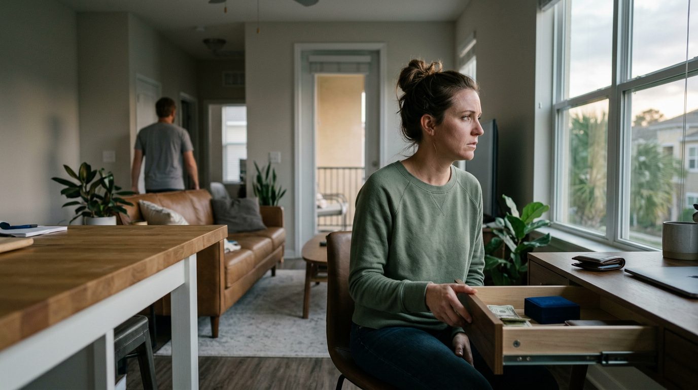 Alt text should describe a realistic scene: a wide view of a Florida home interior with a desk, papers, and a laptop, no people. Something like:

"Wide view of a tidy Florida home office with a laptop, bank statements, and a coffee mug on a wooden desk by a window.