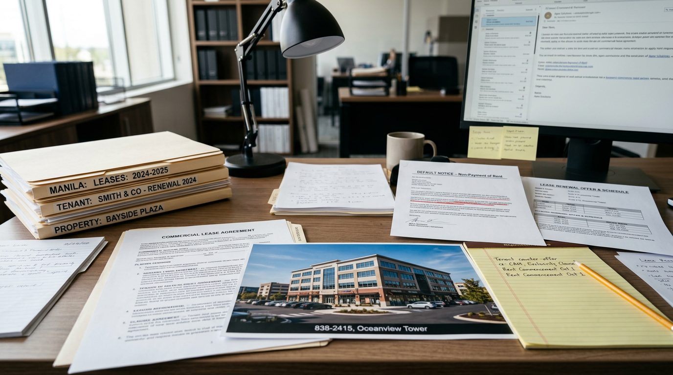 Attorney's desk piled with commercial lease files, renewal notices, default letters, and a property photograph.