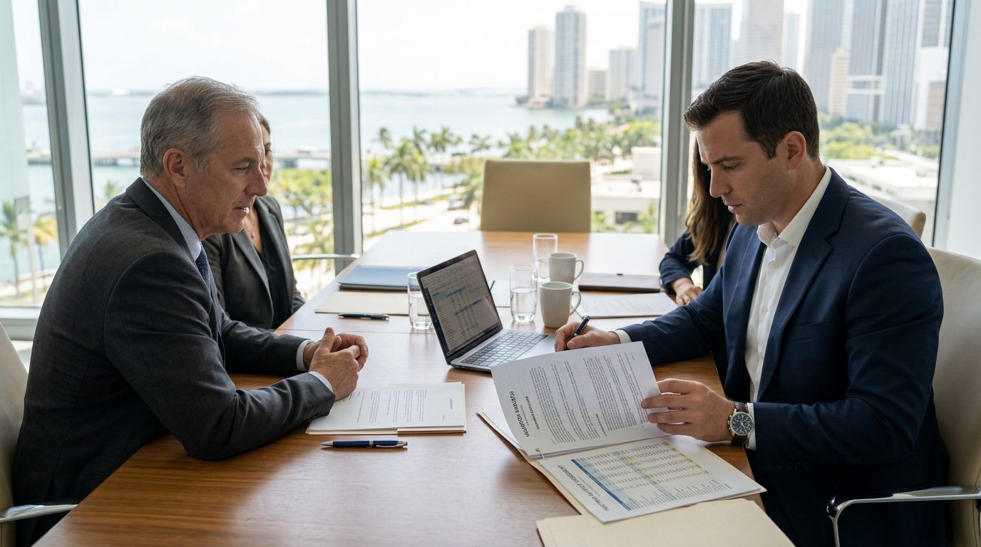 Documentos comerciales, una calculadora y un bolígrafo sobre una mesa de conferencias en un despacho de abogados.