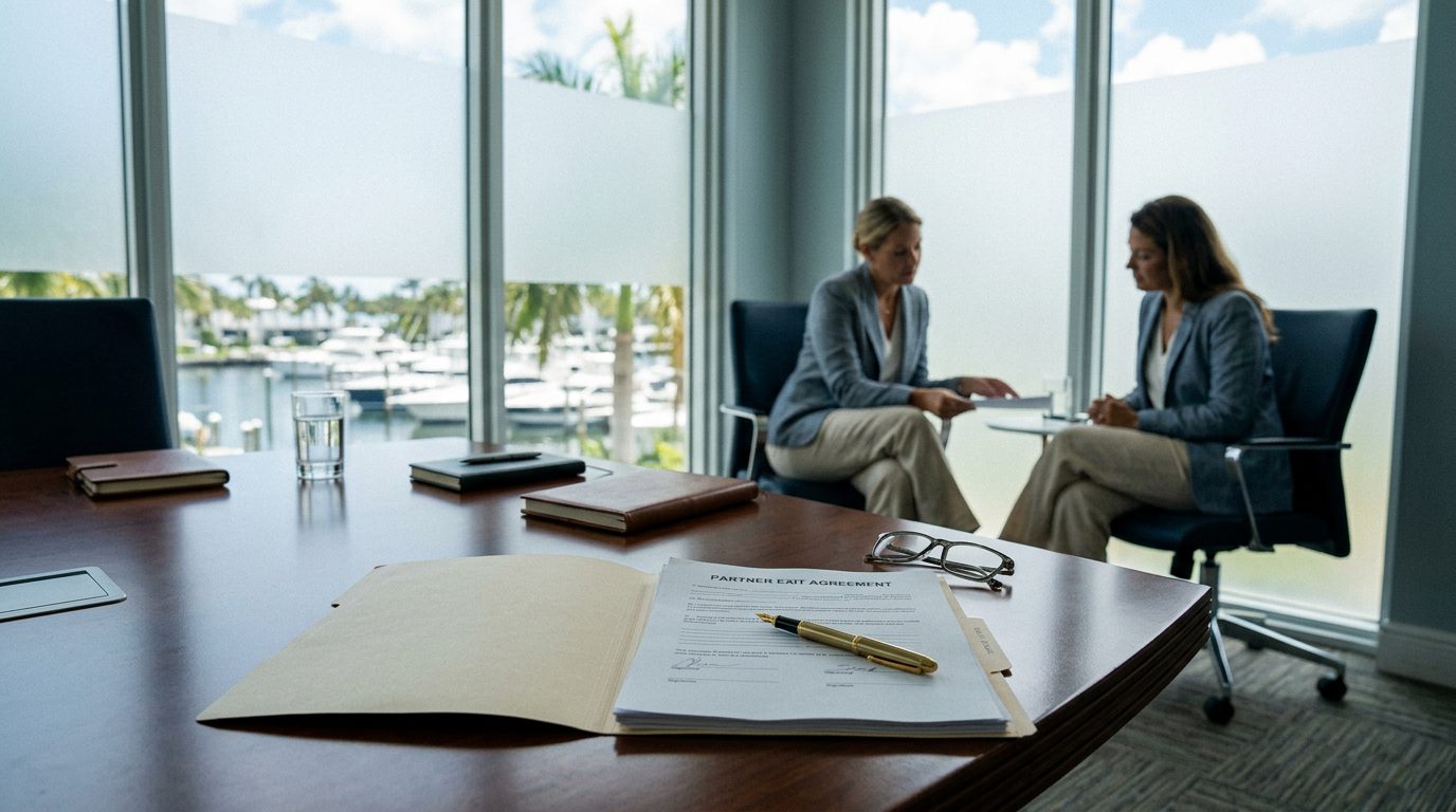 Business partners' documents and a conference table in a South Florida law office setting.