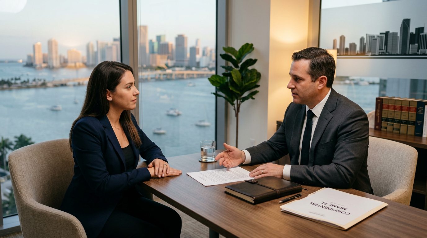 Primer plano de un escritorio en un despacho de abogados en Miami, con una carpeta legal, un bolígrafo y documentos listos para una consulta laboral.