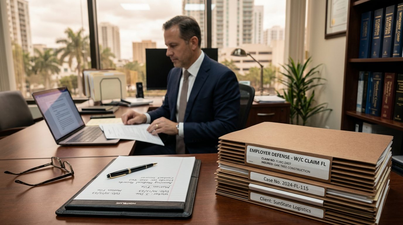 Close-up of a desk with a Florida workers' compensation form, pen, and folder in an office setting.