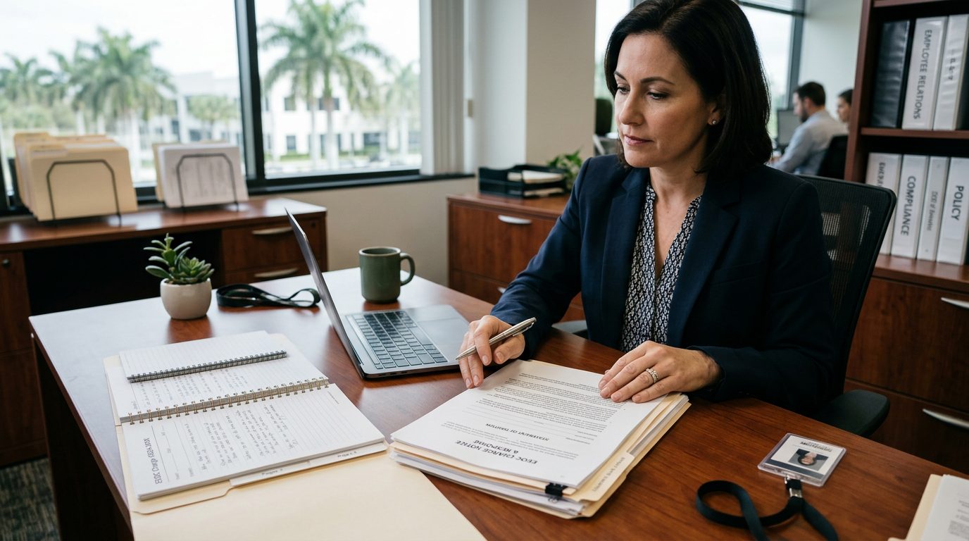 Close-up of a desk with a folded document, pen, and laptop, suggesting office paperwork for an employment matter.
