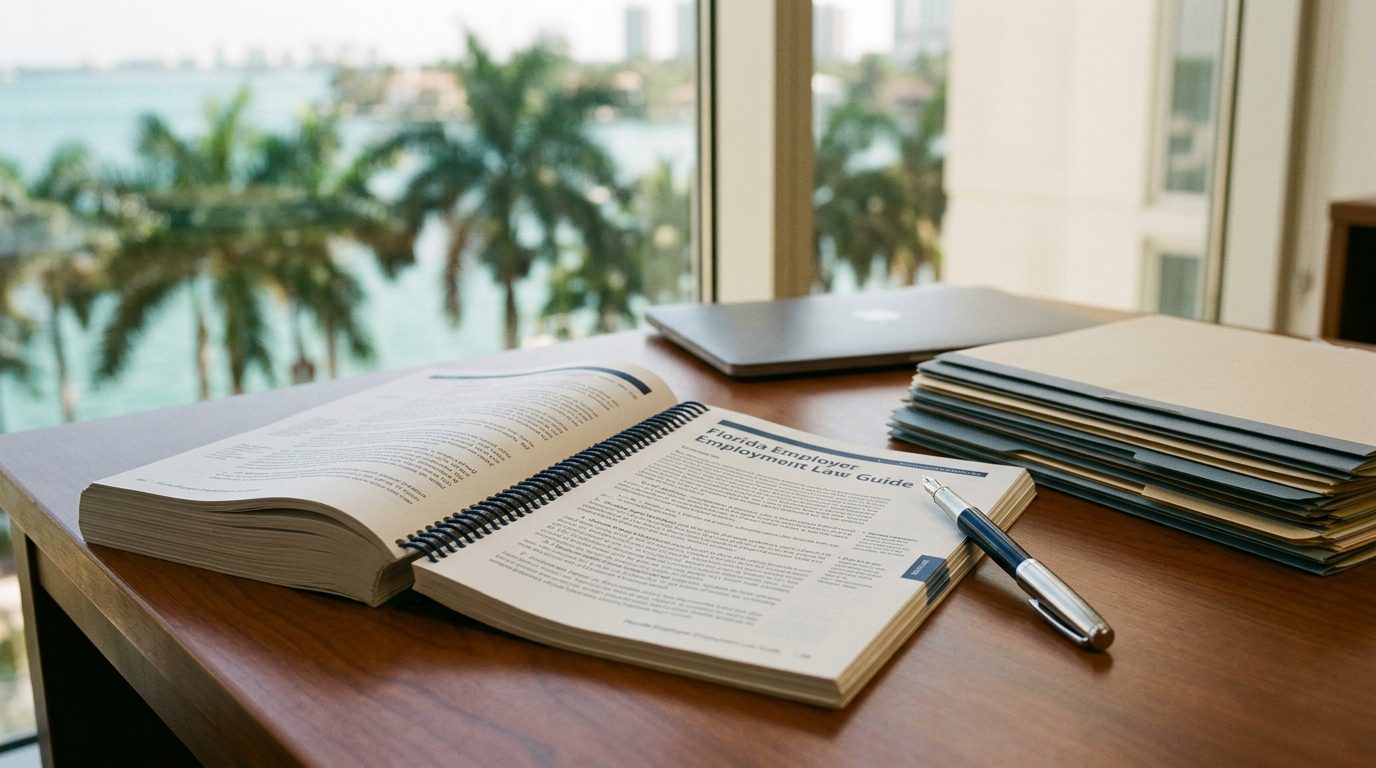 Close-up of a desk with a legal binder, pen, and laptop in an office setting.