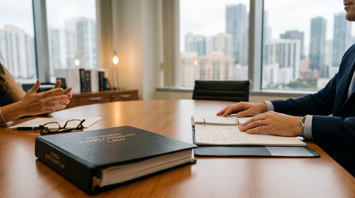 Close-up of a desk with a open legal folder, pen, and calculator beside a window overlooking Miami high-rises.