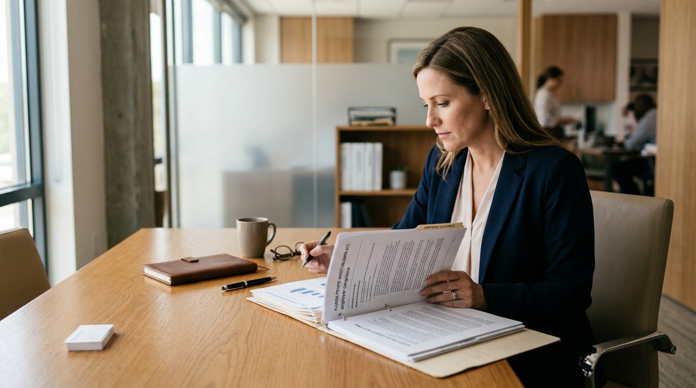 Close-up of a desk with a printed legal document, pen, and laptop, suggesting employer compliance work.