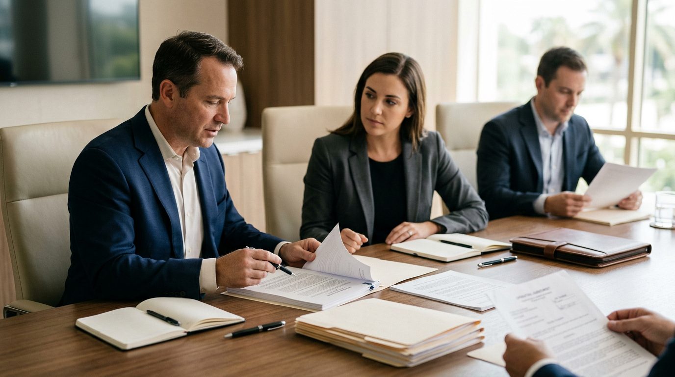 Primer plano de un escritorio con un contrato operativo impreso, un bolígrafo y una calculadora.