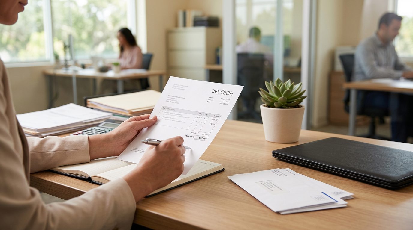 Close-up of a desk with an open invoice, a pen, and a calendar showing payment due dates.