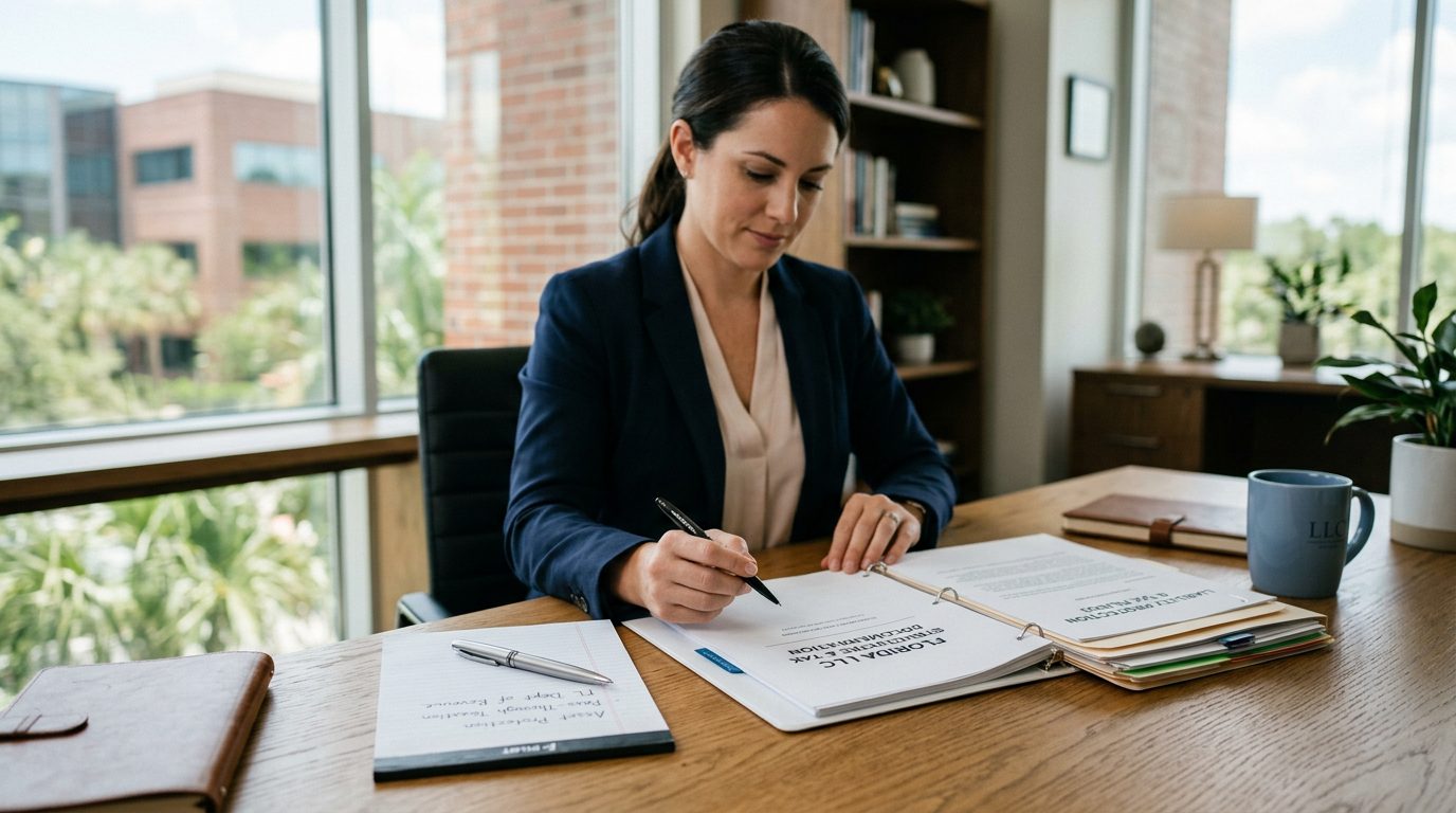 Primer plano de un escritorio con documentos de negocios, una calculadora y un bolígrafo.