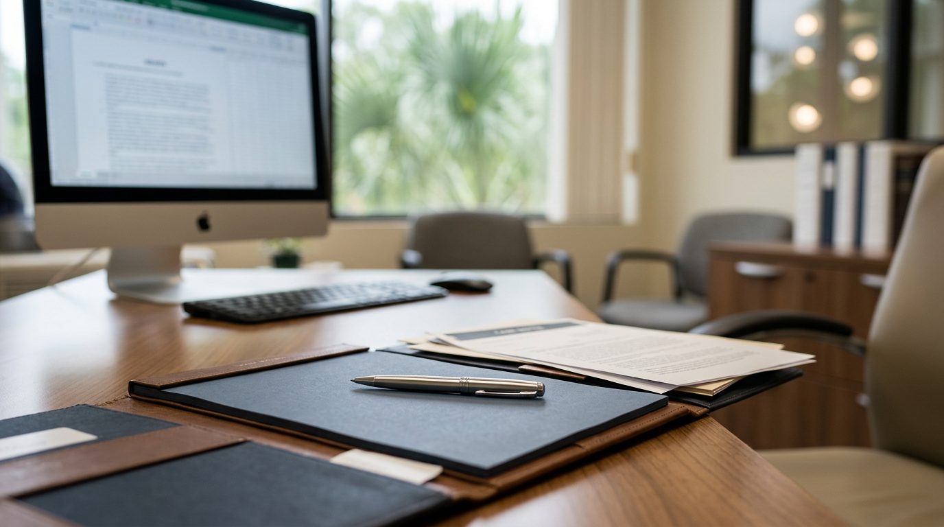 Close-up of a office desk with a legal folder, pen, and laptop, suggesting an employment law case review.