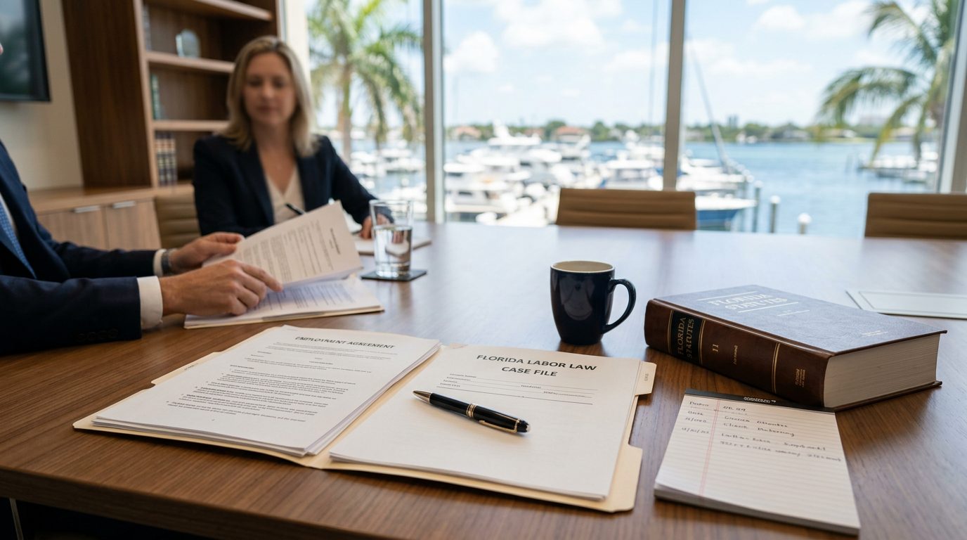 Close-up of a professional office desk with legal documents and workplace items, suggesting Florida employment law counsel.