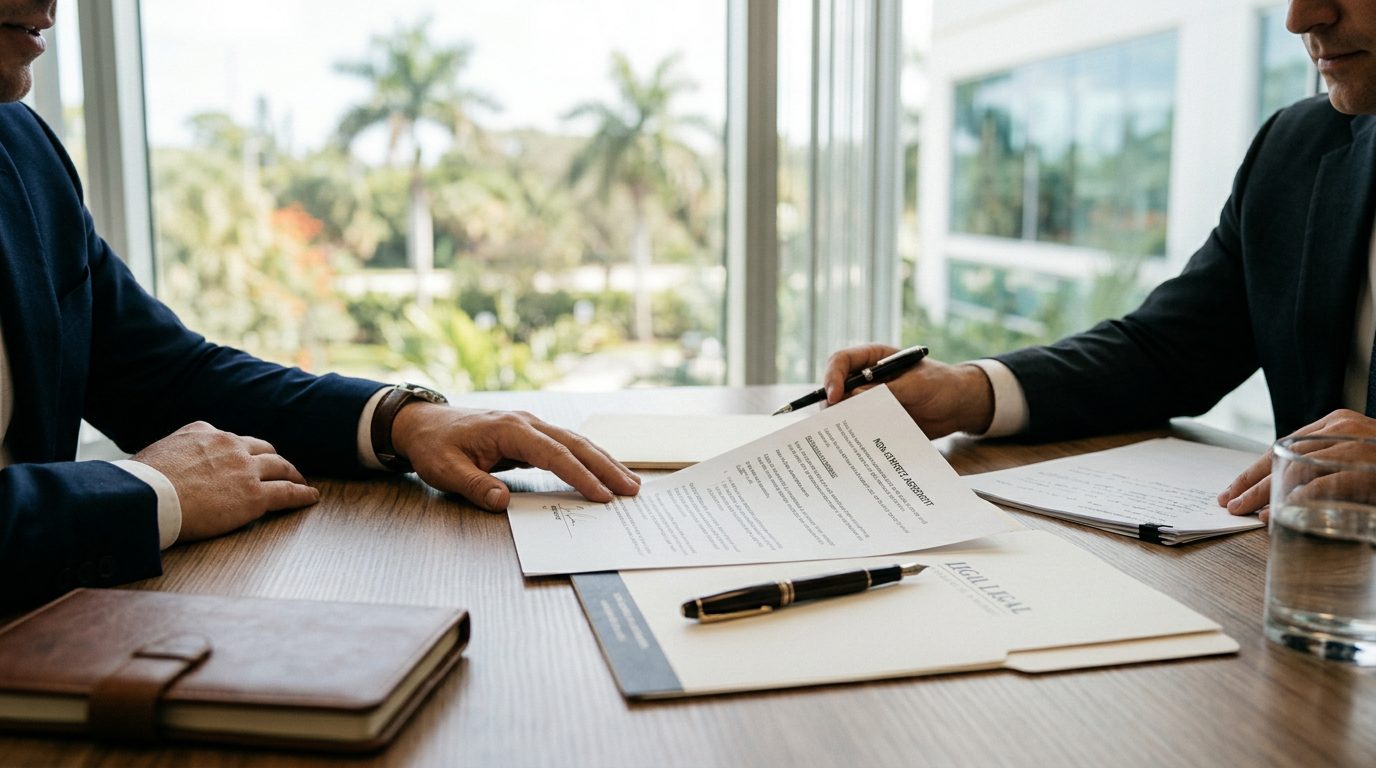Contrato de trabajo firmado sobre un escritorio junto a un bolígrafo, con un mapa de Florida y un mazo de juez al fondo.