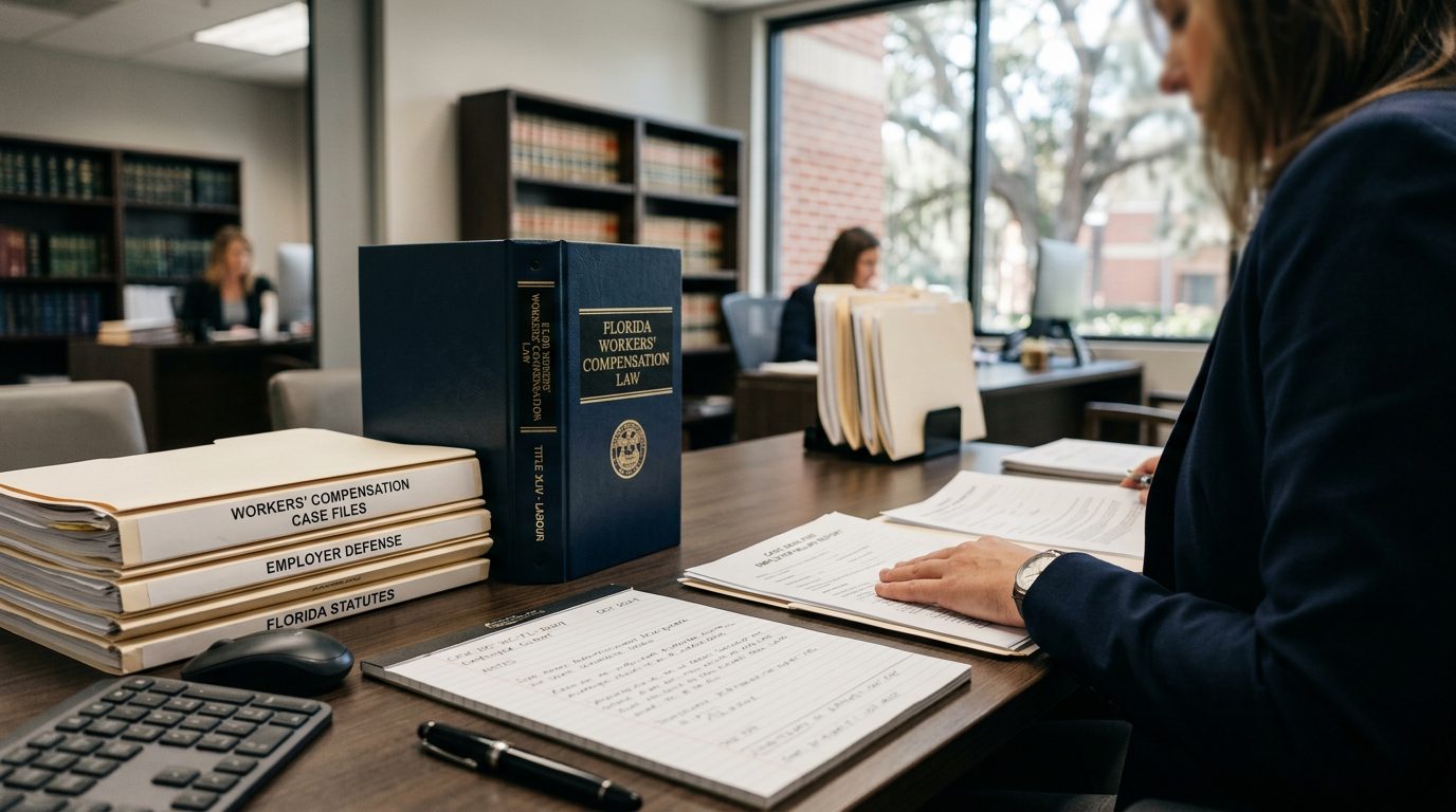 Primer plano de un escritorio de madera con una carpeta legal, un bolígrafo, una calculadora y un formulario de compensación laboral de Florida.