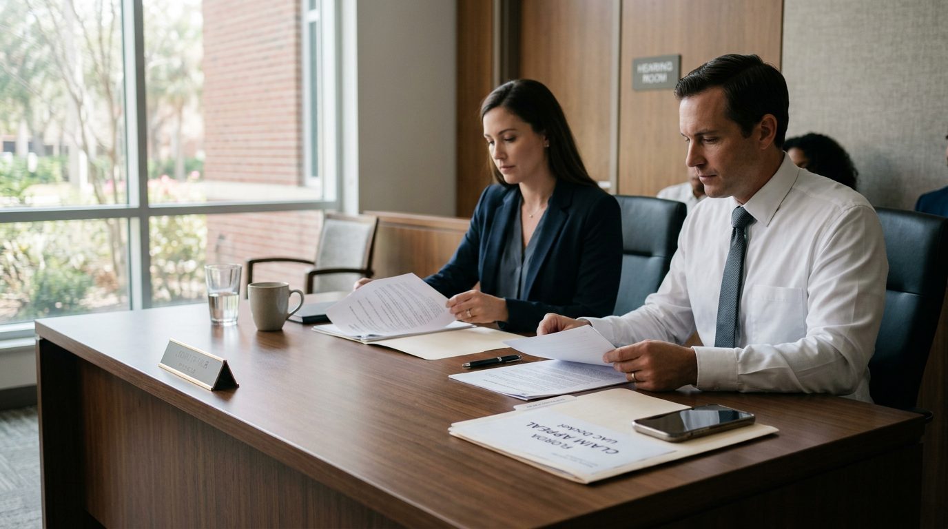 Close-up of a wooden desk with a legal folder, pen, and reading glasses in an office setting.