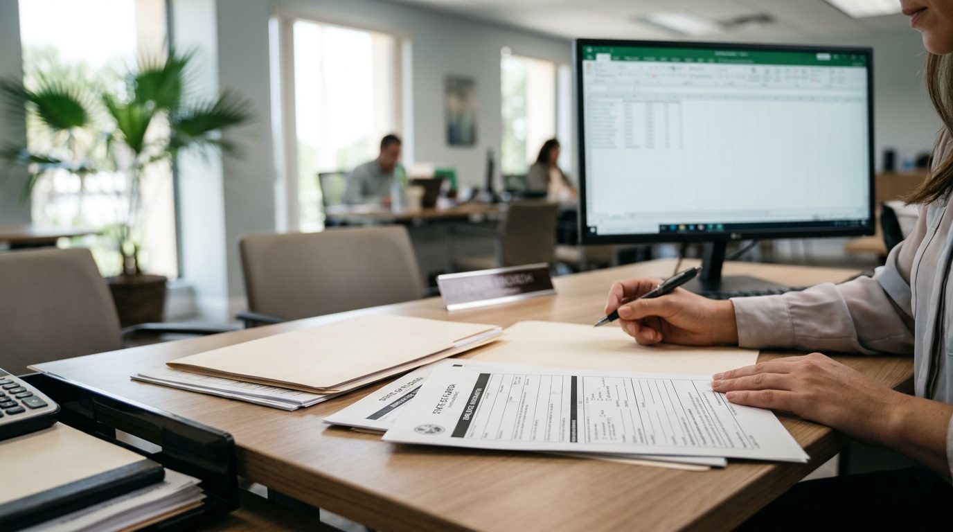 Close-up of an office desk with a laptop, notepad, and pen beside a paper labeled "Employment Application.