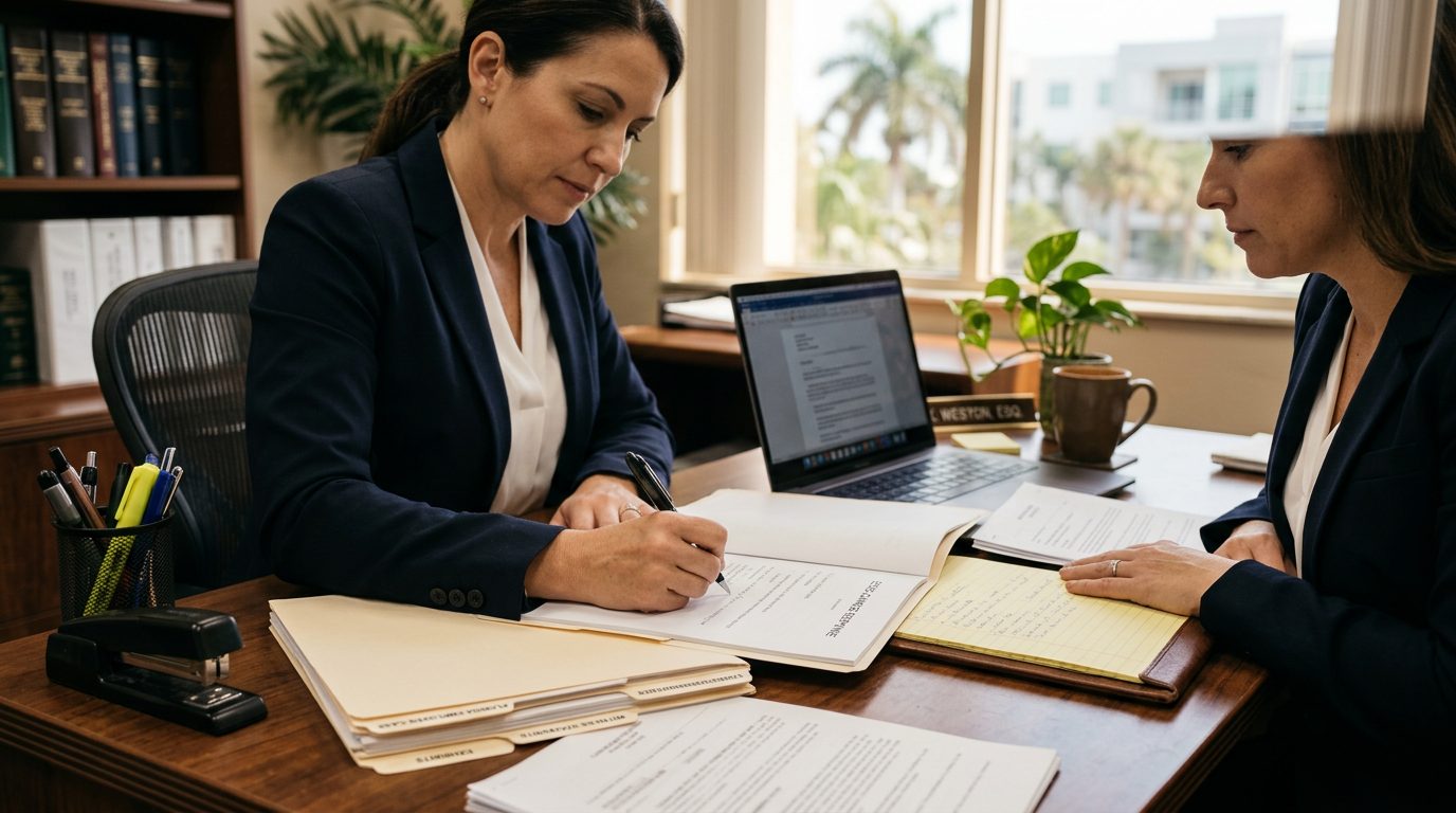 Primer plano de un escritorio de oficina con documentos legales, un bolígrafo y una laptop.