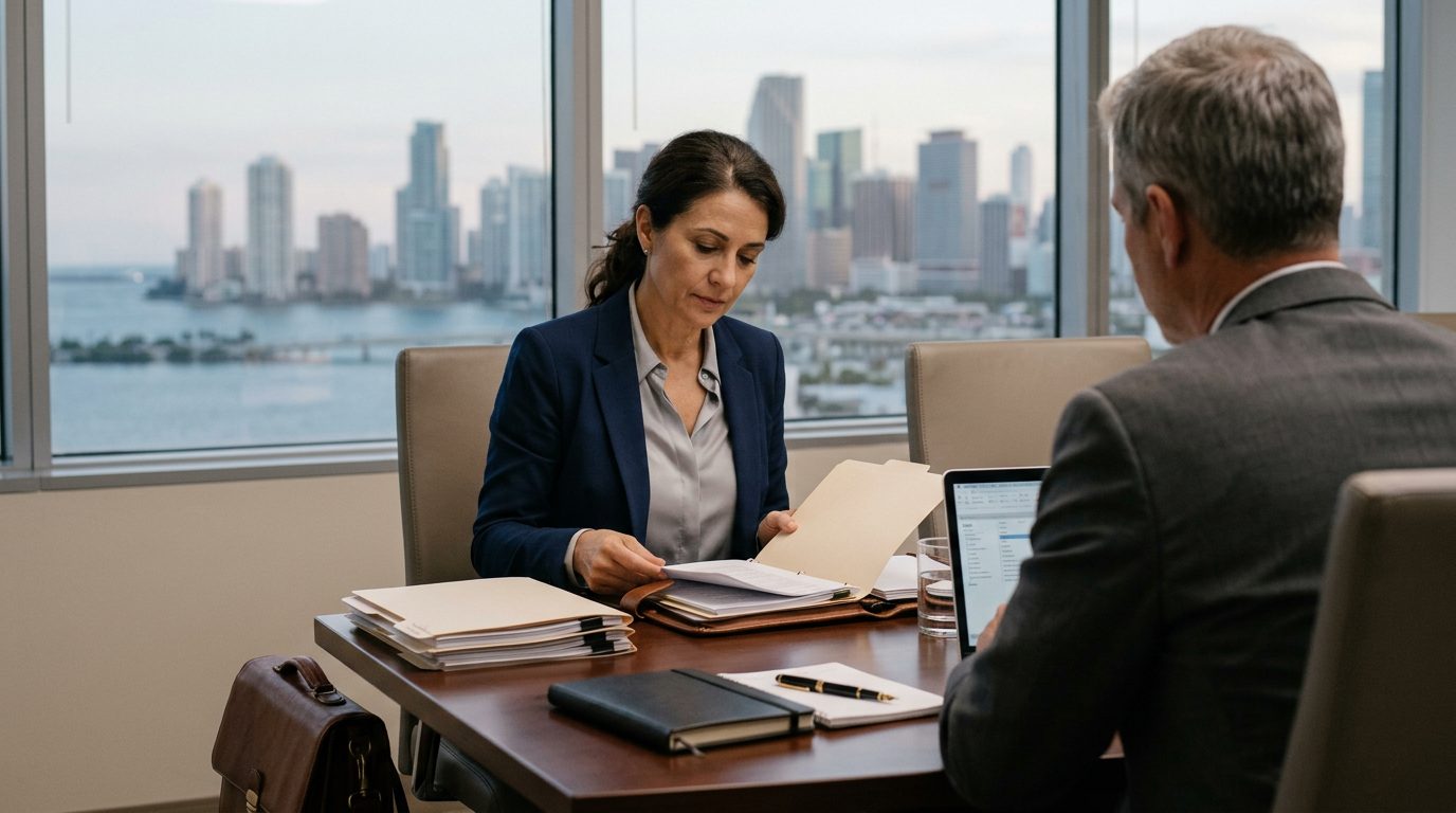 Conference table with business documents, a laptop, and a pen in an office setting.