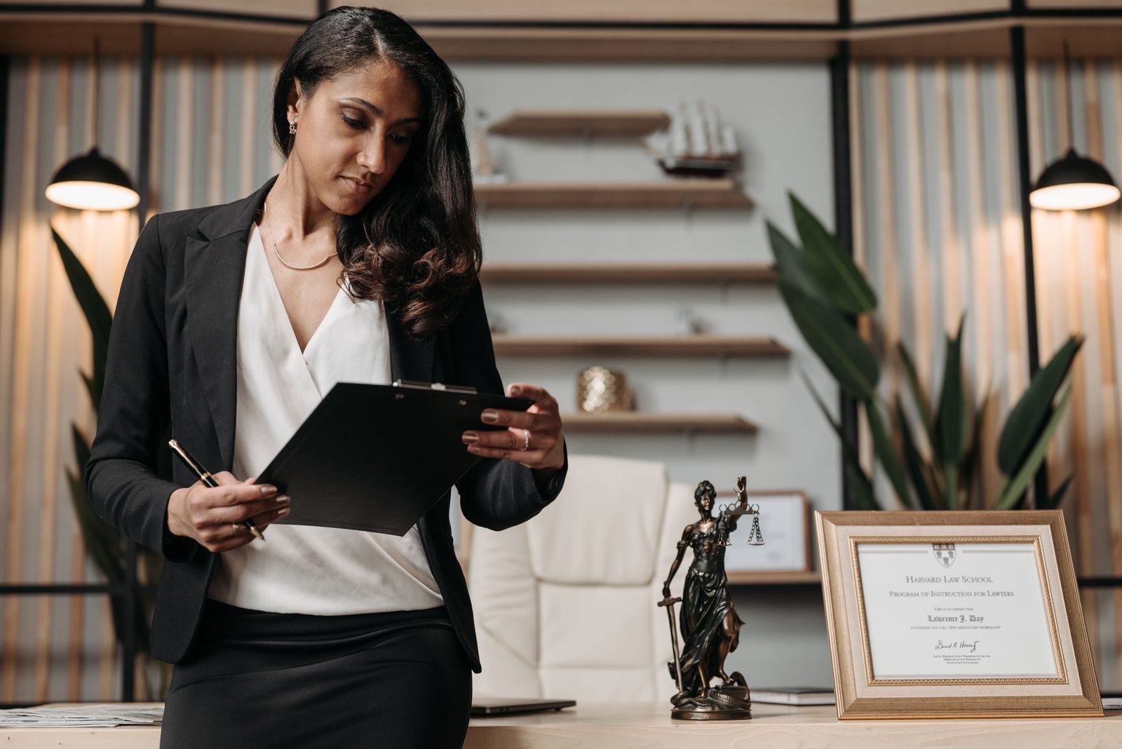 Mujer de negocios segura revisando documentos en un escritorio de una oficina jurídica moderna.