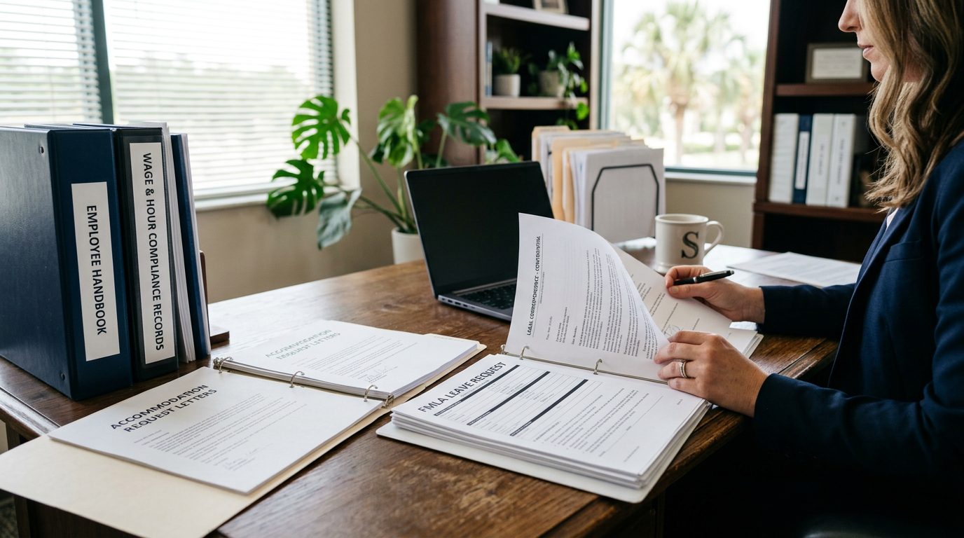 Desk covered with employee handbooks, compliance records, and workplace policy correspondence in a small business office.