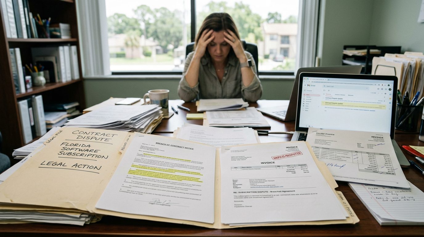 Desk covered with vendor invoices, breach of contract notices, and an open legal folder in a small business office.