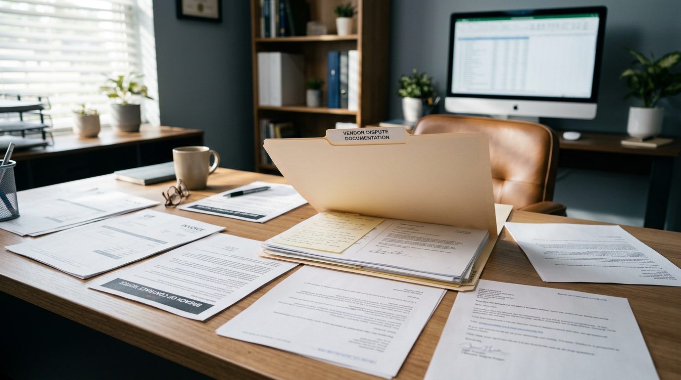 Desk covered with vendor invoices, breach of contract notices, and an open legal folder documenting a business dispute.