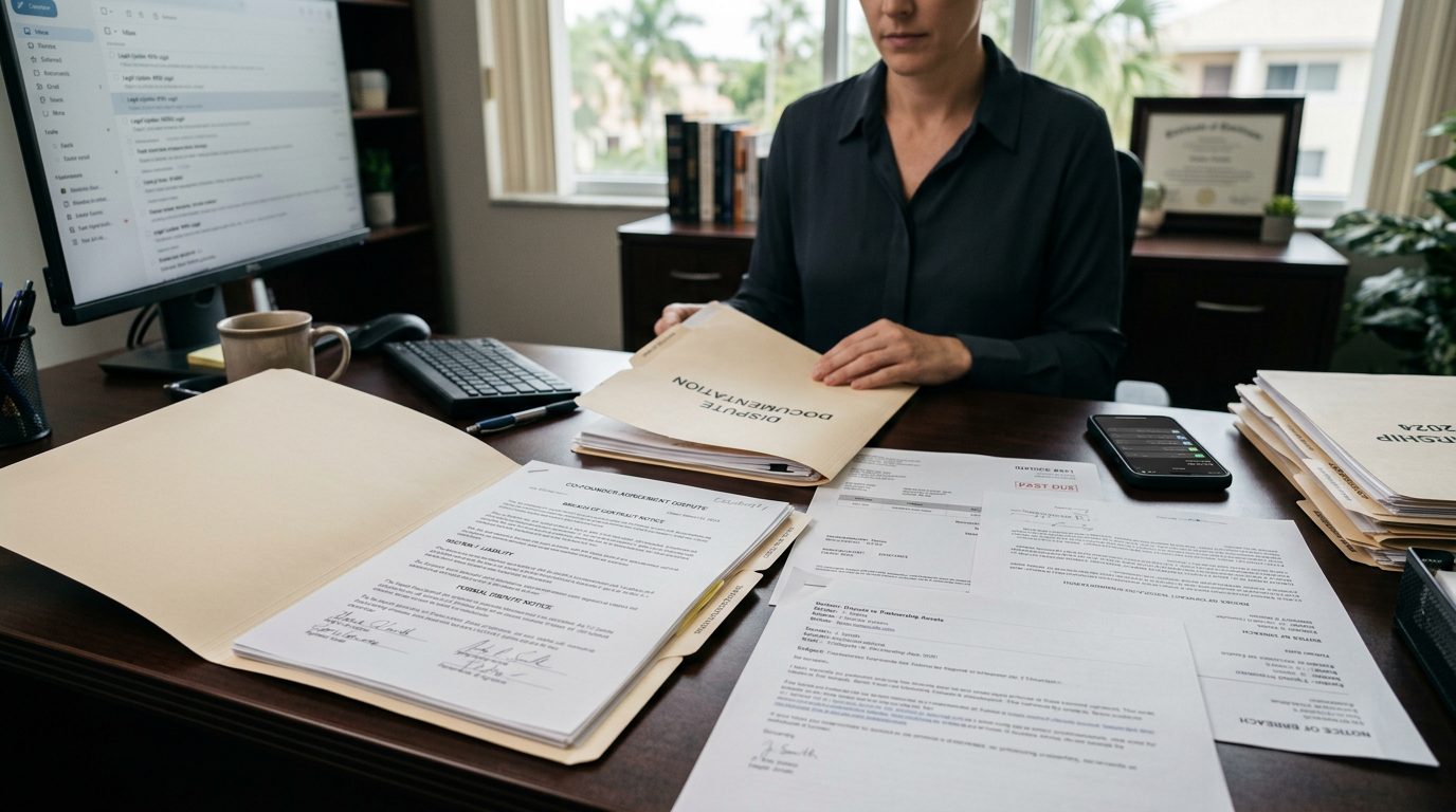 Escritorio con facturas, notificaciones de incumplimiento de contrato y correspondencia junto a una carpeta legal abierta.