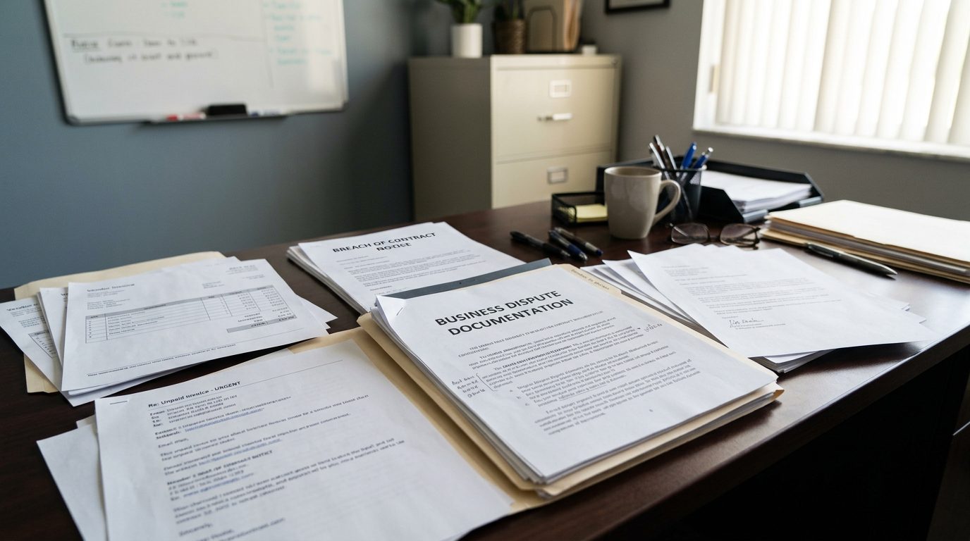 Escritorio cubierto de facturas de proveedores, avisos de incumplimiento de contrato y una carpeta legal abierta con documentos de disputa.