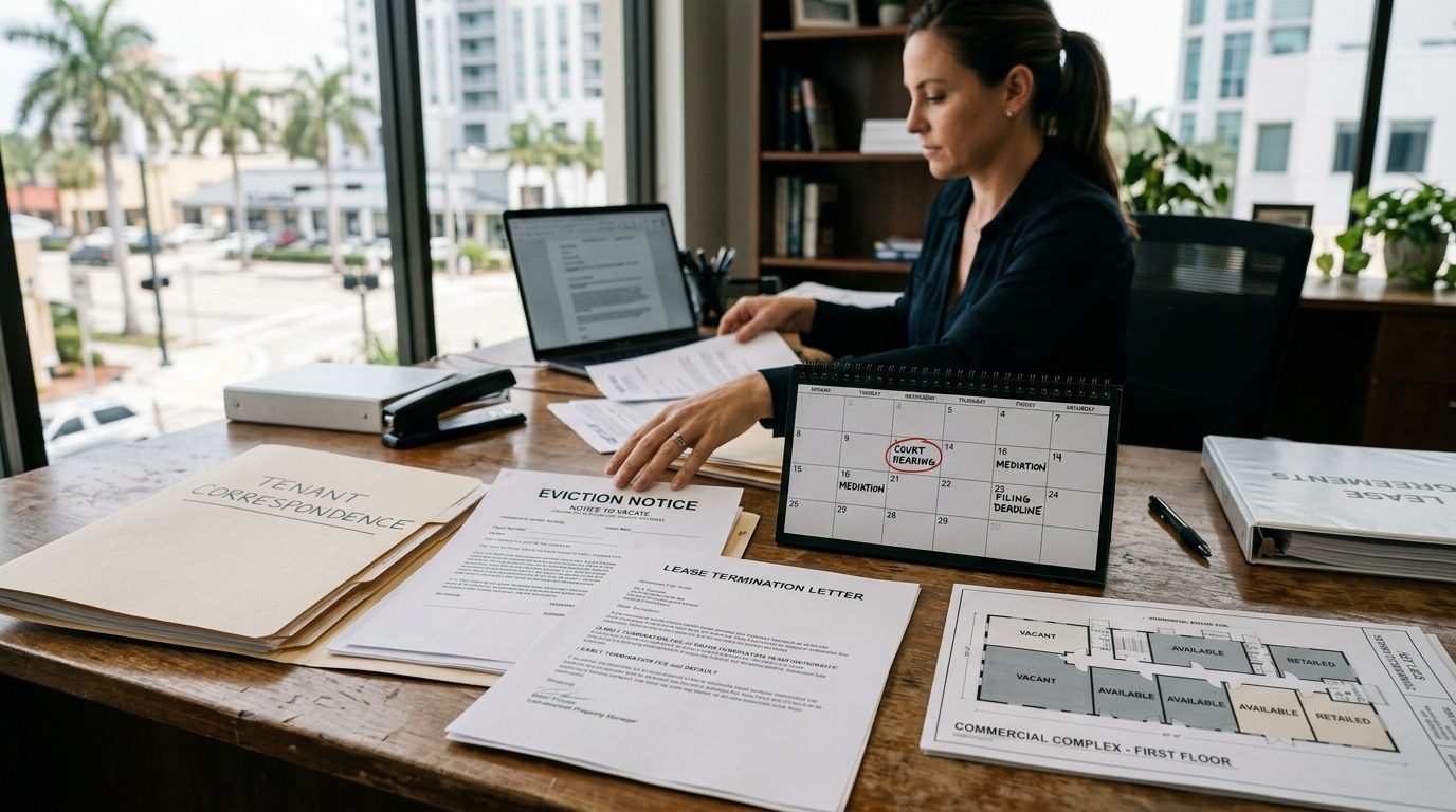 Escritorio de oficina con avisos de desalojo, cartas de terminación de contrato de arrendamiento, expedientes de inquilinos y un calendario con