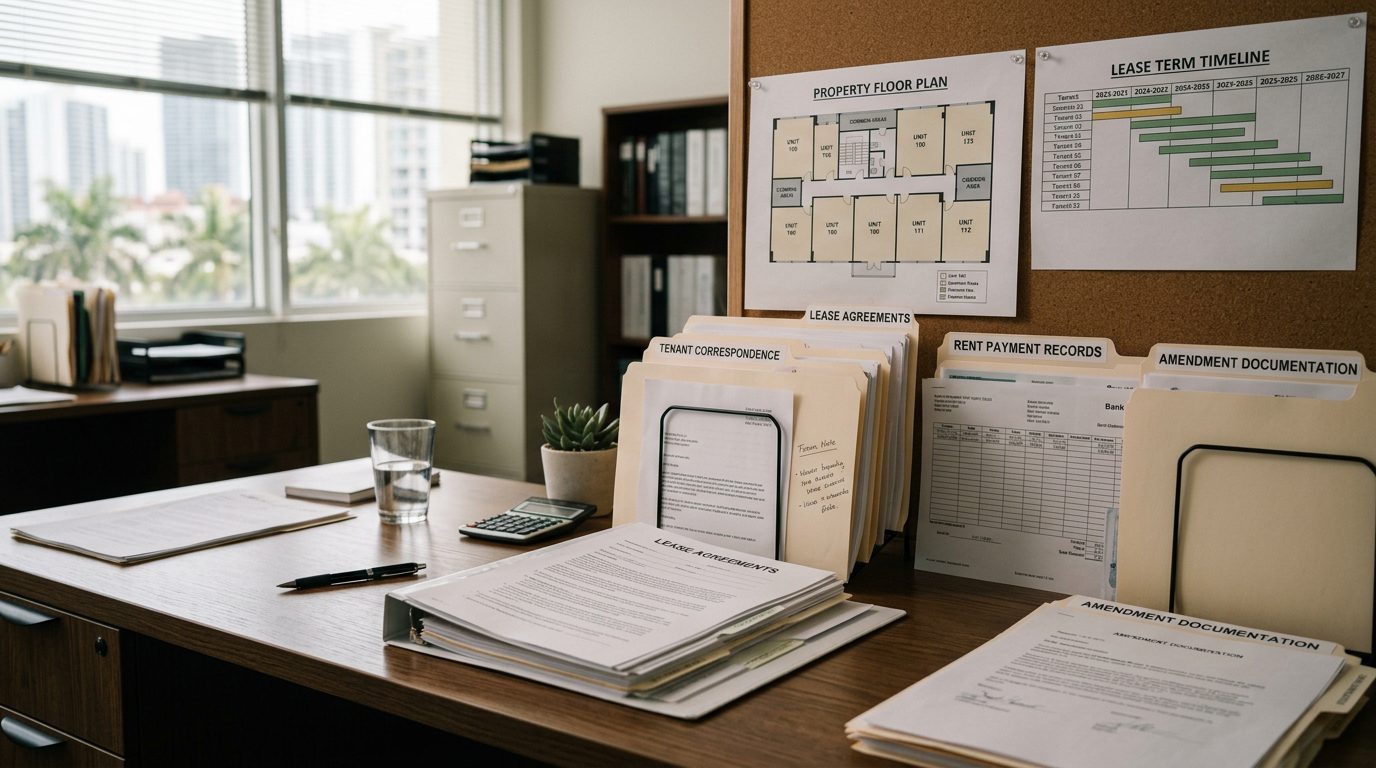 Desk in a commercial property manager's office holding lease agreements, rent records, and a floor plan.