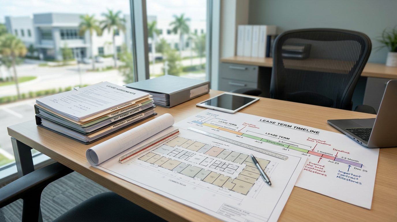 Desk in a commercial property manager's office with lease agreements, tenant letters, rent records, and a floor plan.