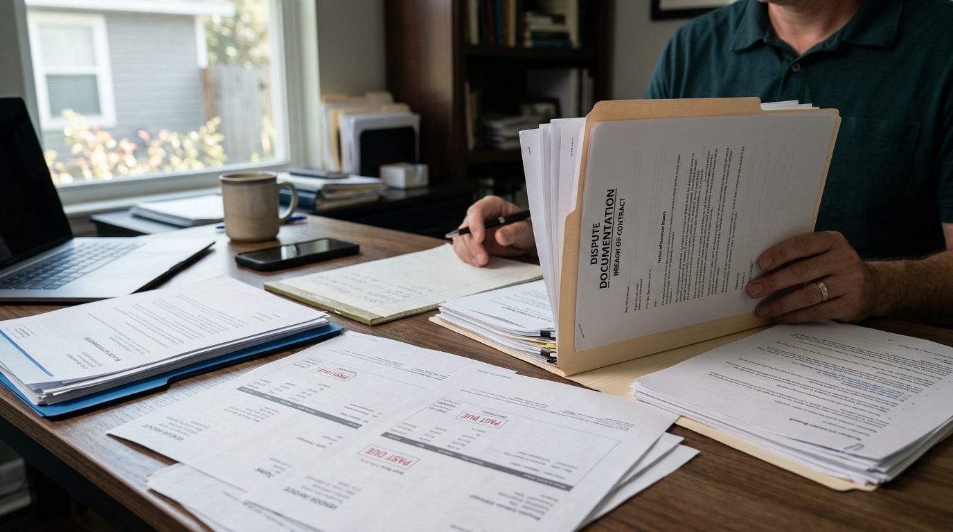 Desk in a small business office covered with invoices, breach-of-contract notices, and emails beside an open legal folder of dispute documents.