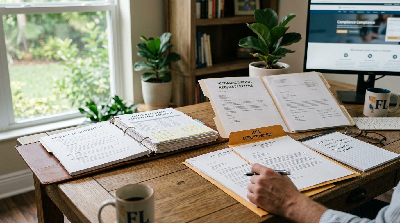 Desk in a small business office piled with employee handbooks, wage and hour records, and legal correspondence.